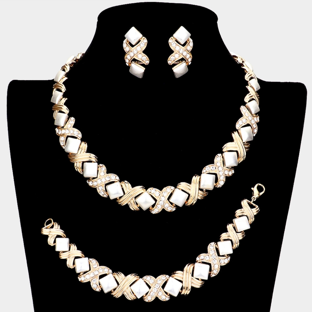 Two Tone 3 Piece XO Crystal Necklace Jewelry Set Rhinestone Statement Chain XOXO
